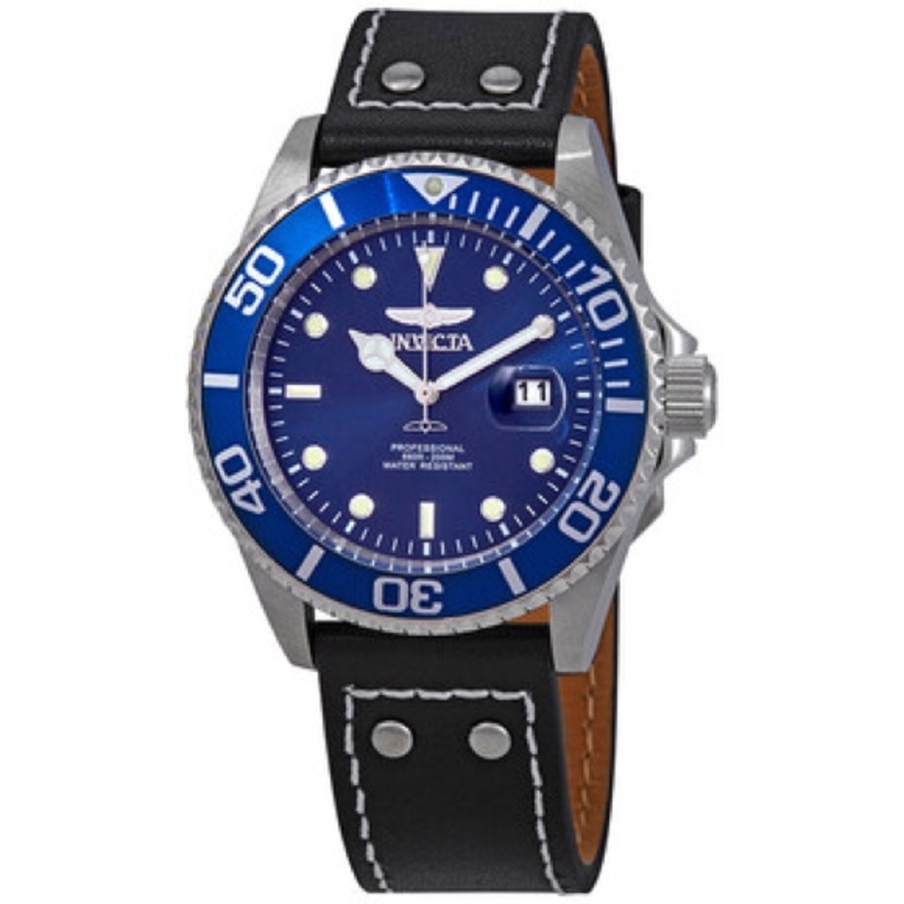 Invicta Blue Dial Dive-Inspired Watch with Black Leather Strap
